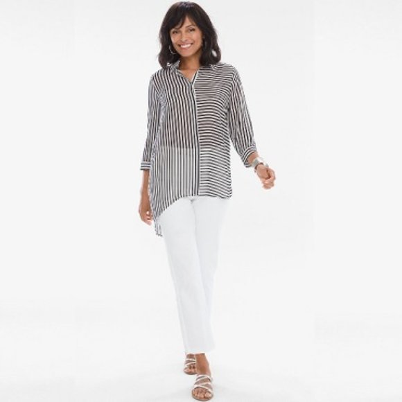 CHICO’S White Black Striped Asymmetrical Hem Button Down Tunic Shirt Size 3P - Picture 3 of 10